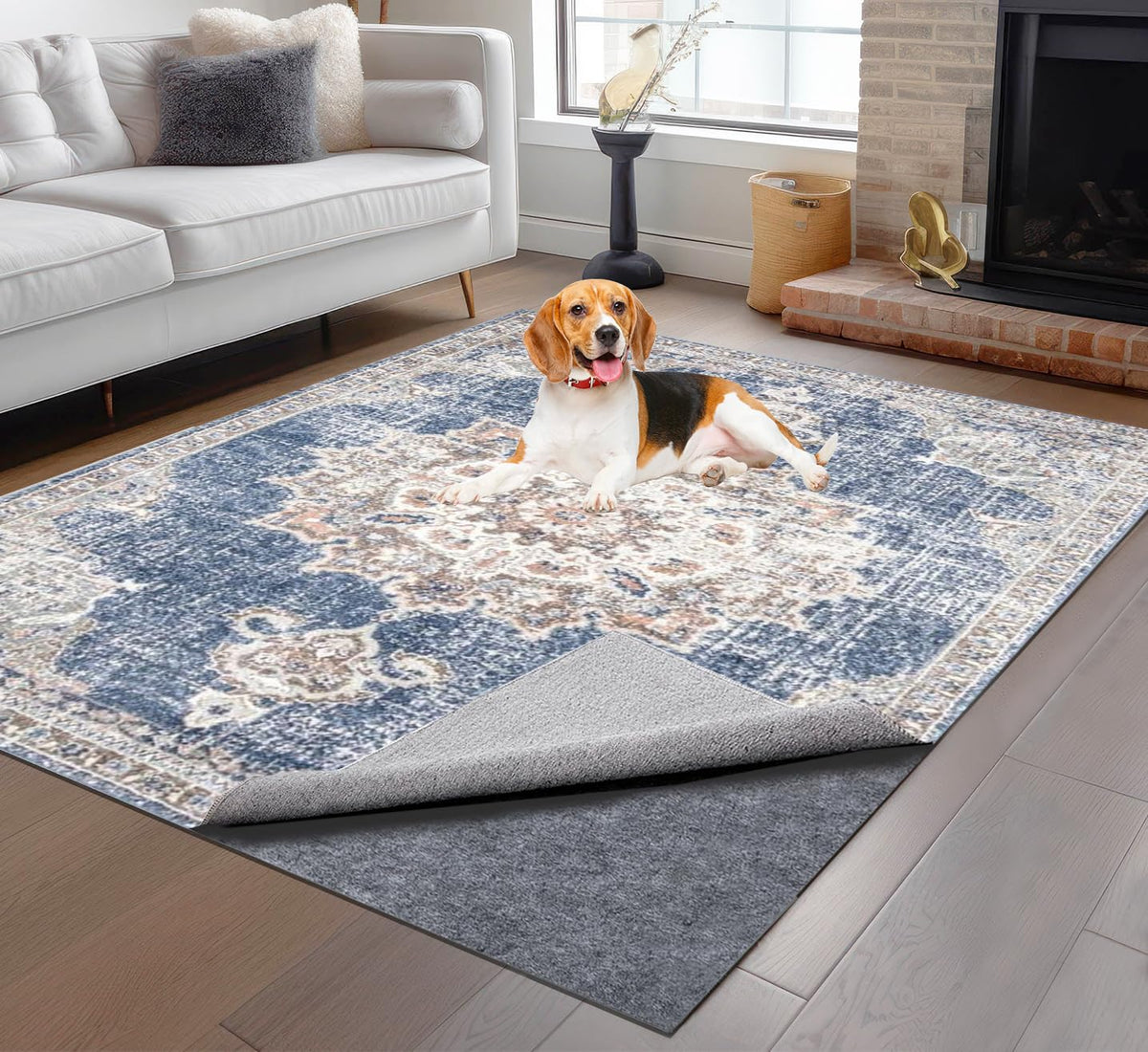 TUOTPE non-slip rug pad 8x10 ft keeps rugs secure on hard floors.