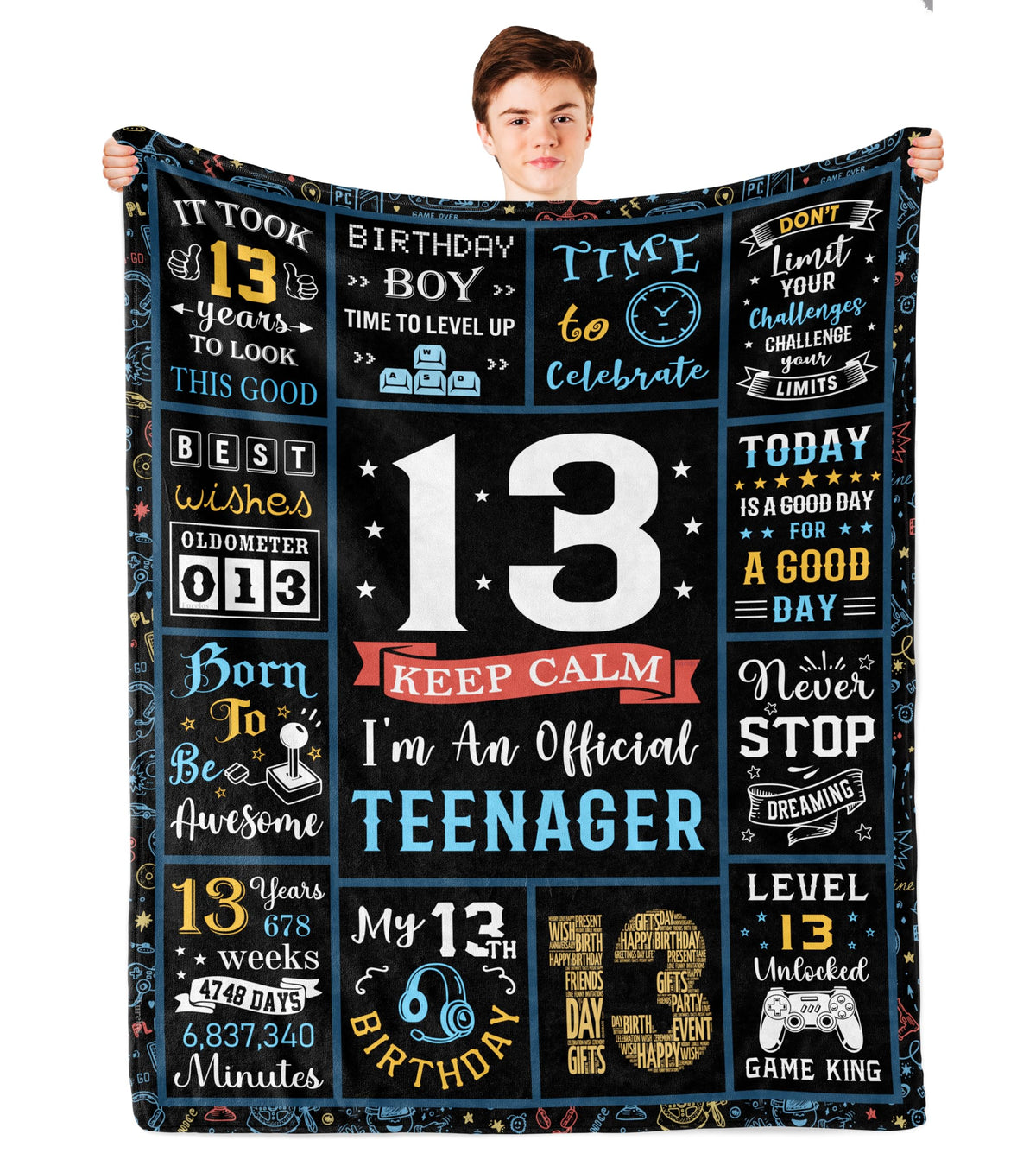 Turelos 13th birthday blanket front view, ideal teen gift idea.