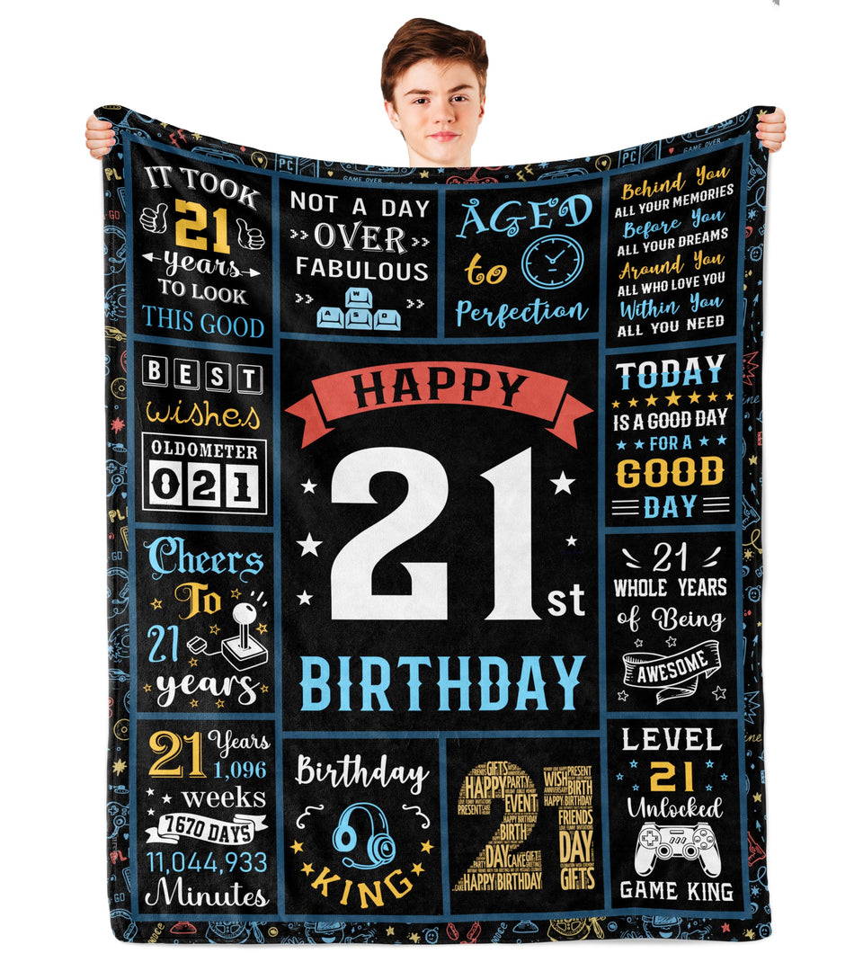 Turelos 21st birthday blanket design draped over a chair for a stylish gift idea.