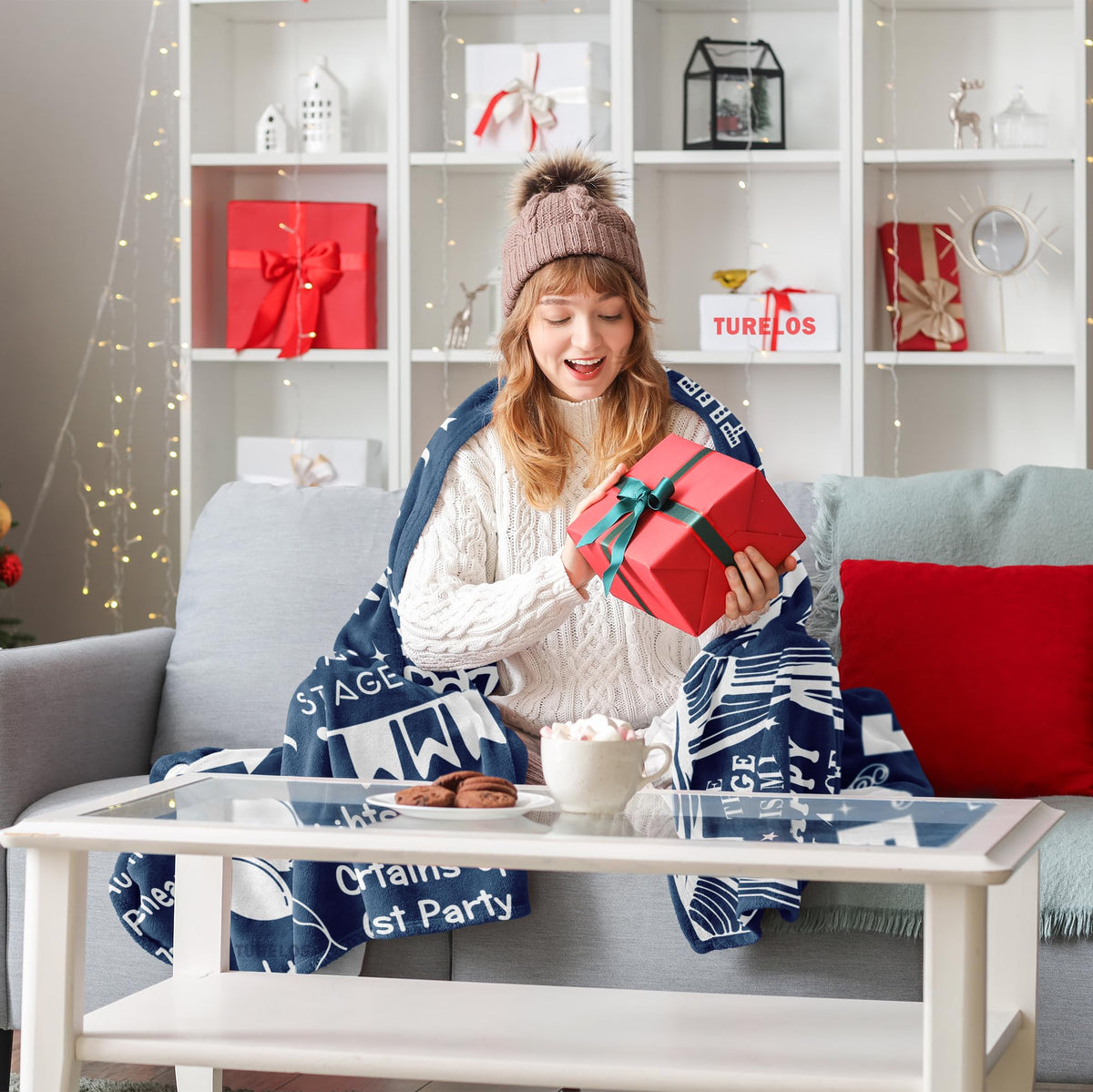 Turelos theater gifts blanket on sofa adds cozy theater vibes