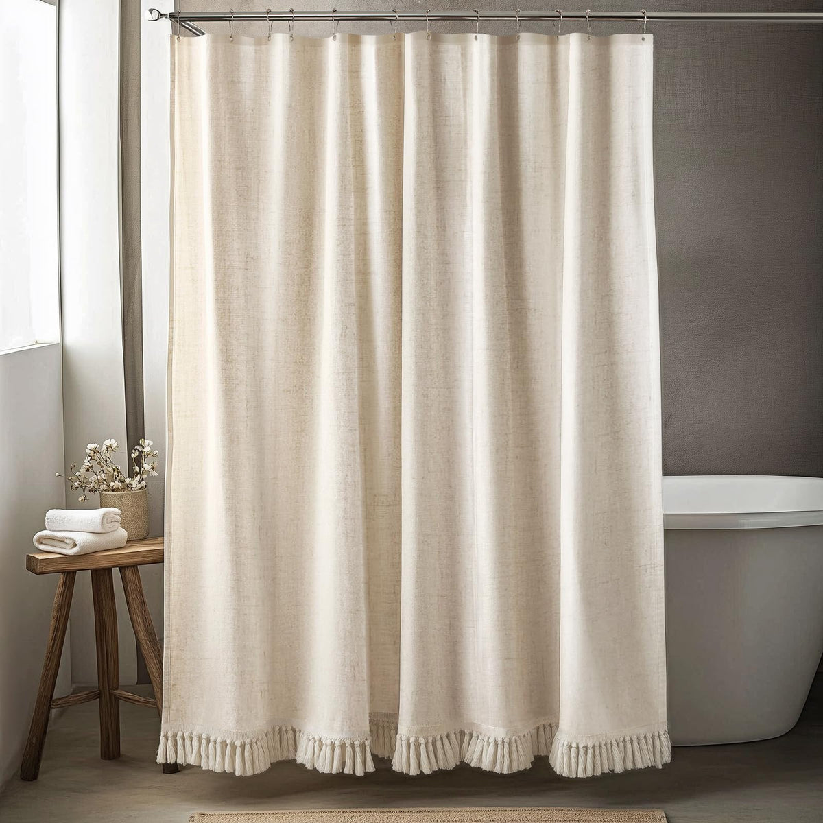 TURKIO Linen Shower Curtain with beige tassels adds boho texture to a bath.