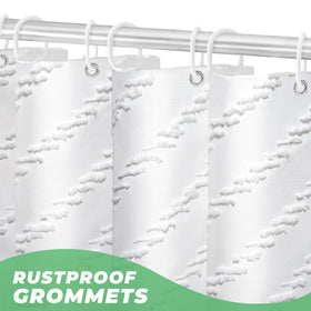 Turkio curtain features reinforced top header with 12 holes for durability.