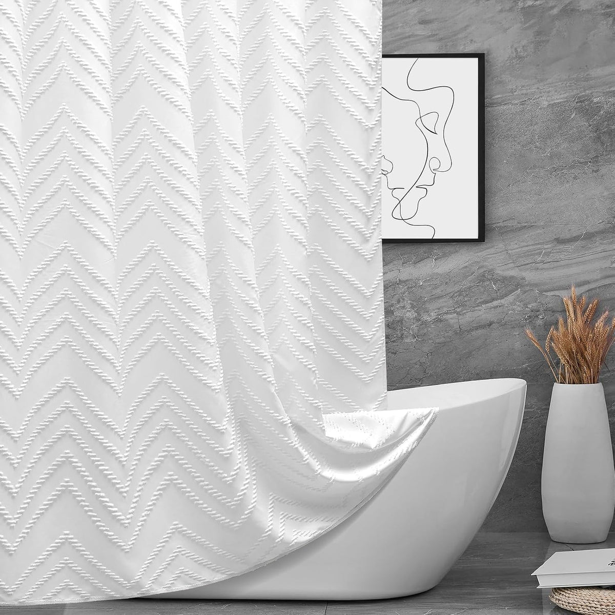 Turkio white boho fabric shower curtain with chevron tufted pattern for stylish bathroom decor.