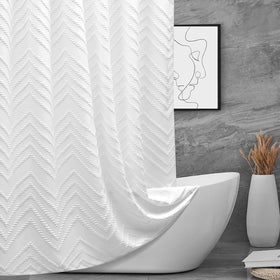 Turkio white boho fabric shower curtain with chevron tufted pattern for stylish bathroom decor.