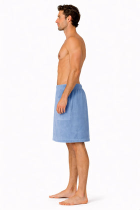 Turkish Linen wrap light blue back view showing adjustable top and snug wrap.