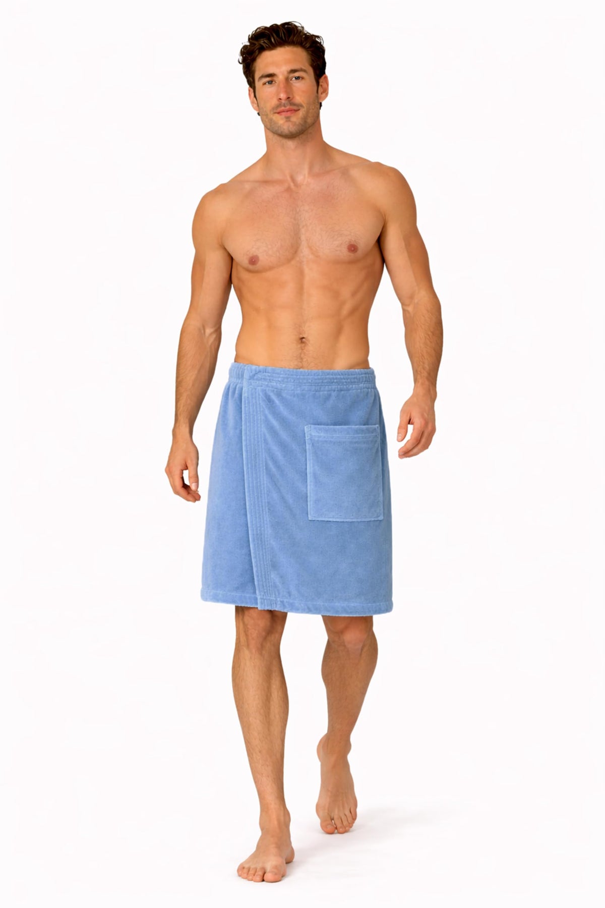 Turkish Linen adjustable body wrap light blue front view with secure fit for post-shower coverage.