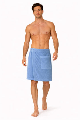 Turkish Linen adjustable body wrap light blue front view with secure fit for post-shower coverage.