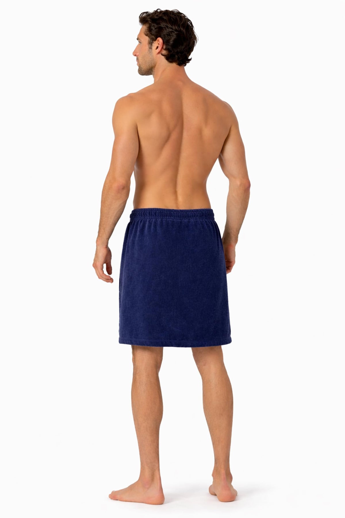 Turkish Linen body wrap navy adjustable closure demonstrated for a secure fit