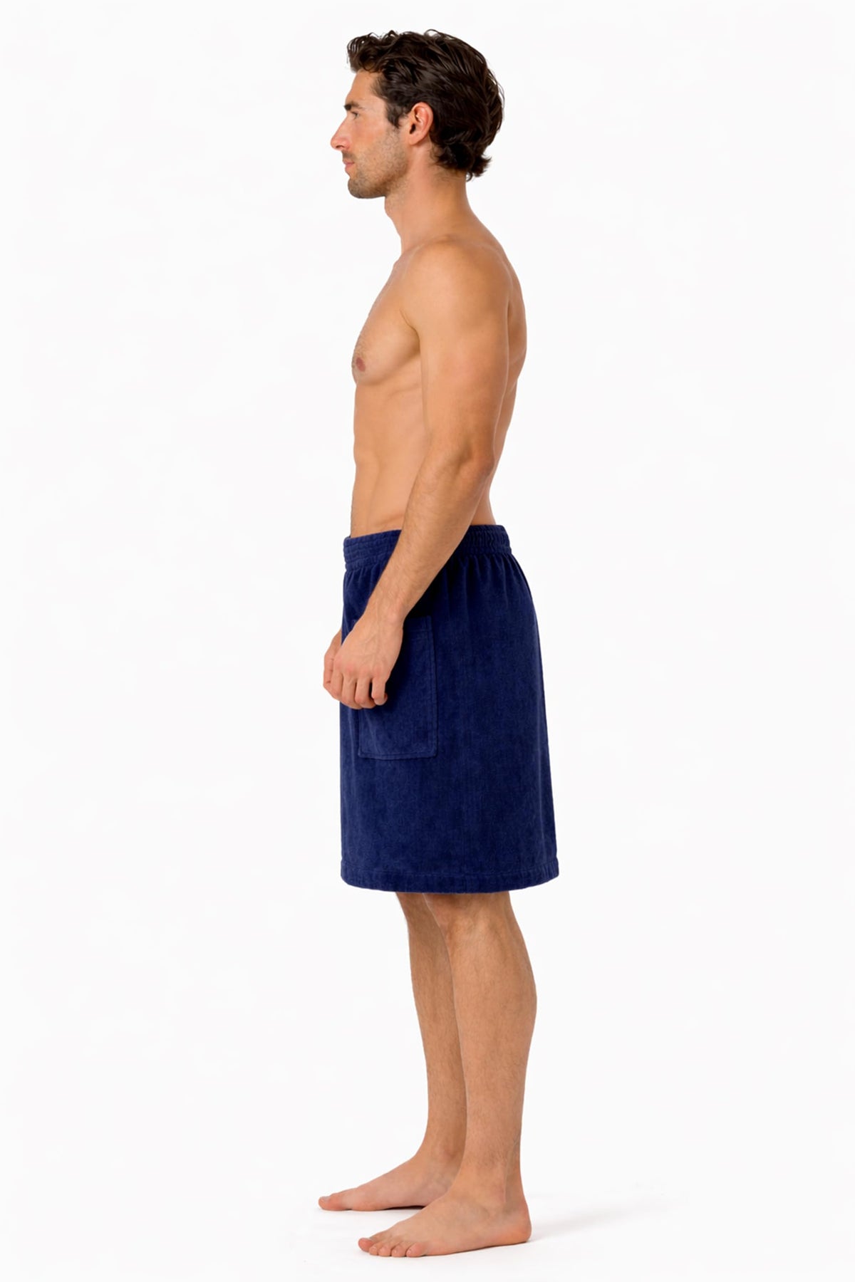 Turkish Linen body wrap navy front view highlights streamlined silhouette