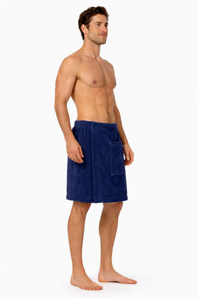 Turkish Linen body wrap navy pocket detail showcases convenient carry