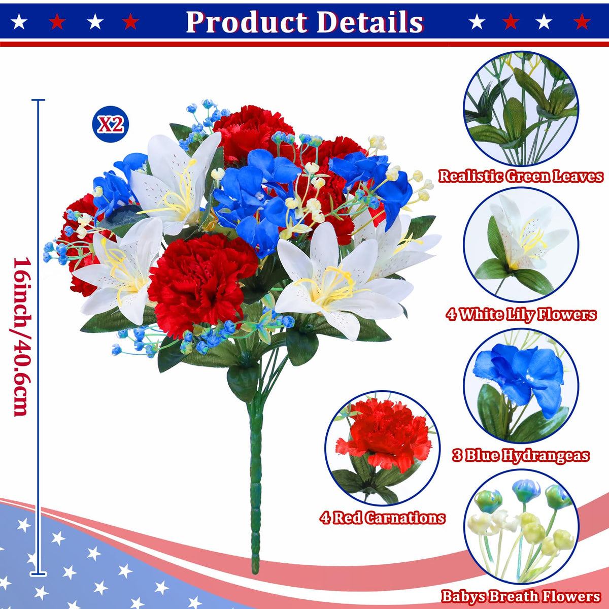 TURNMEON 16 inch memorial day bouquet fits various vase sizes.
