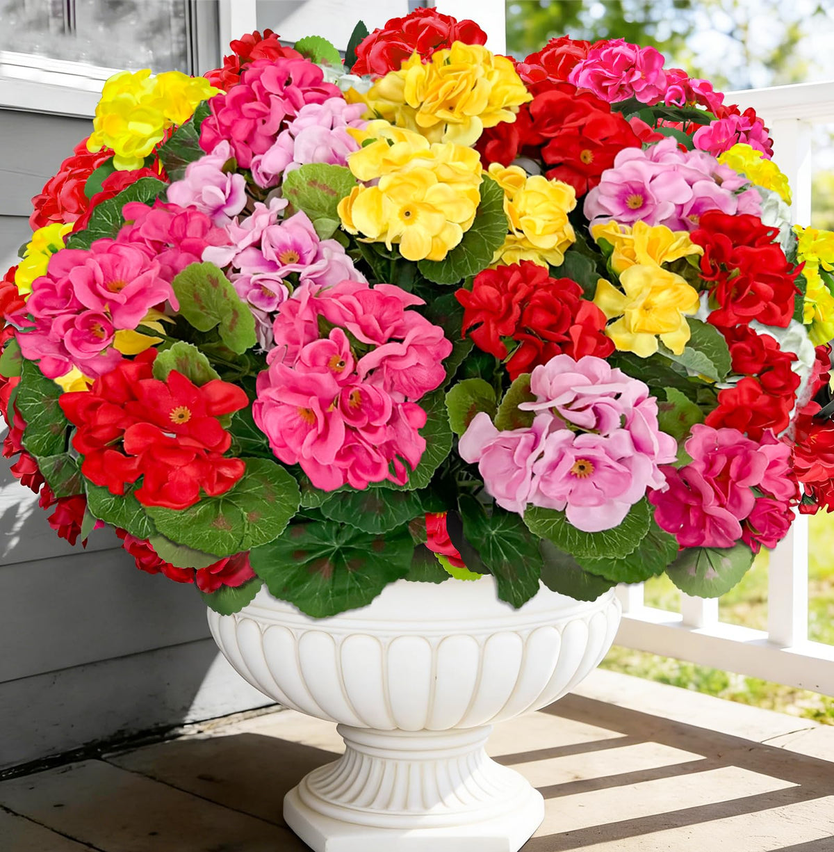 TURNMEON 8 bundle artificial geraniums red bouquet adds vibrant outdoor color and UV resistance.