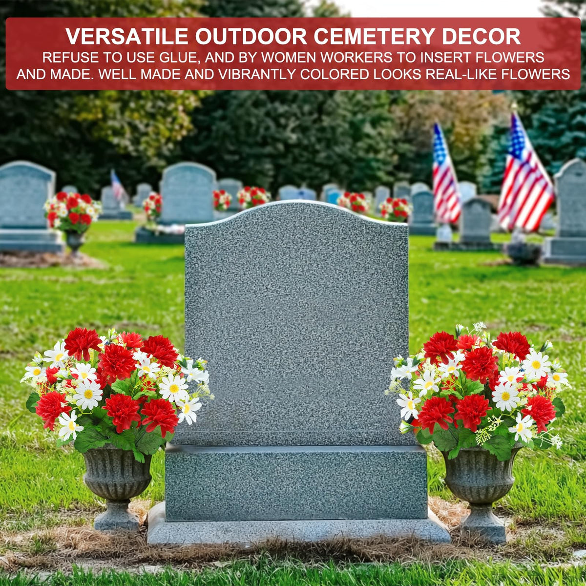 TURNMEON cemetery vase decoration with red artificial blooms for graves