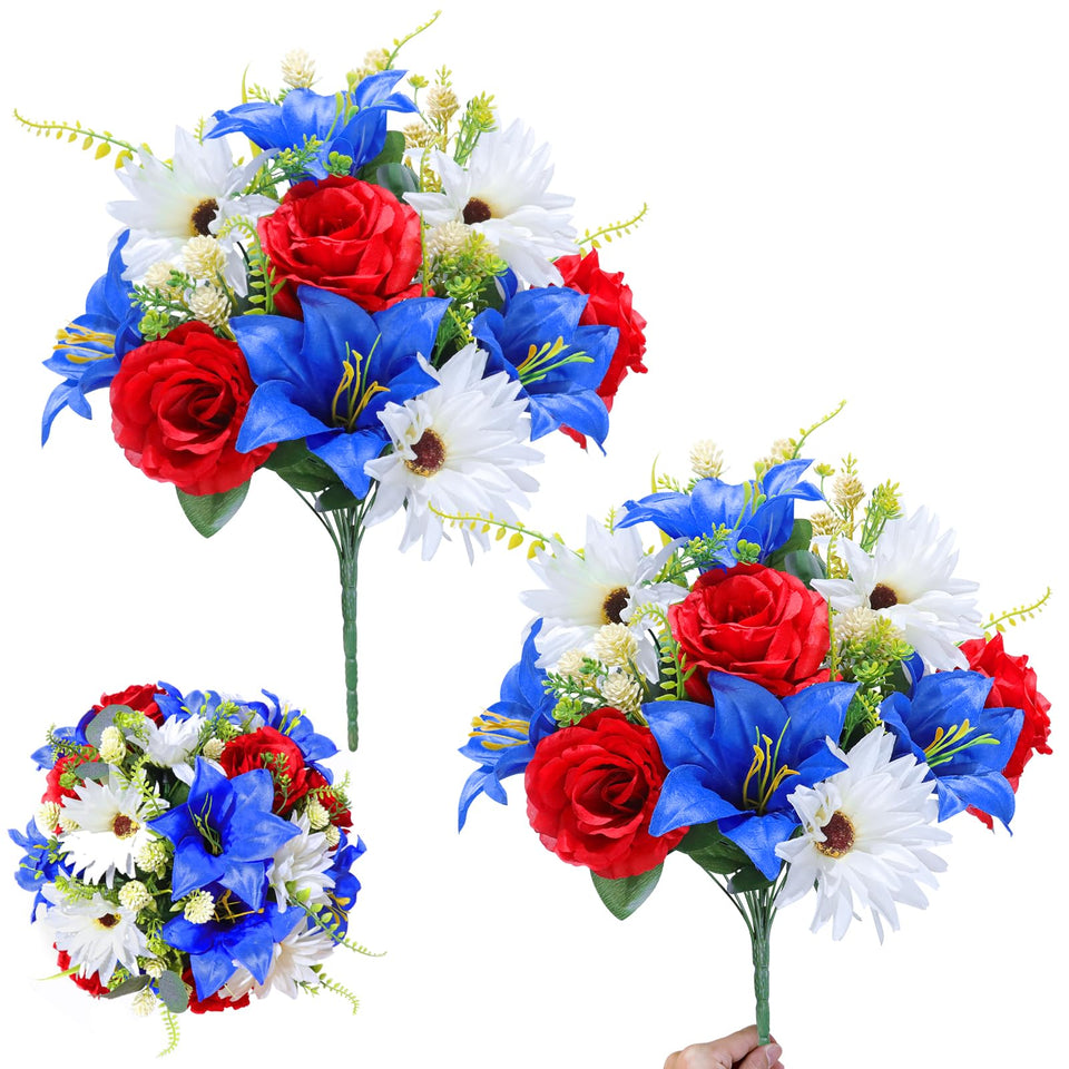 Turnmeon large patriotic cemetery bouquets on display for outdoor or indoor memorial decor.