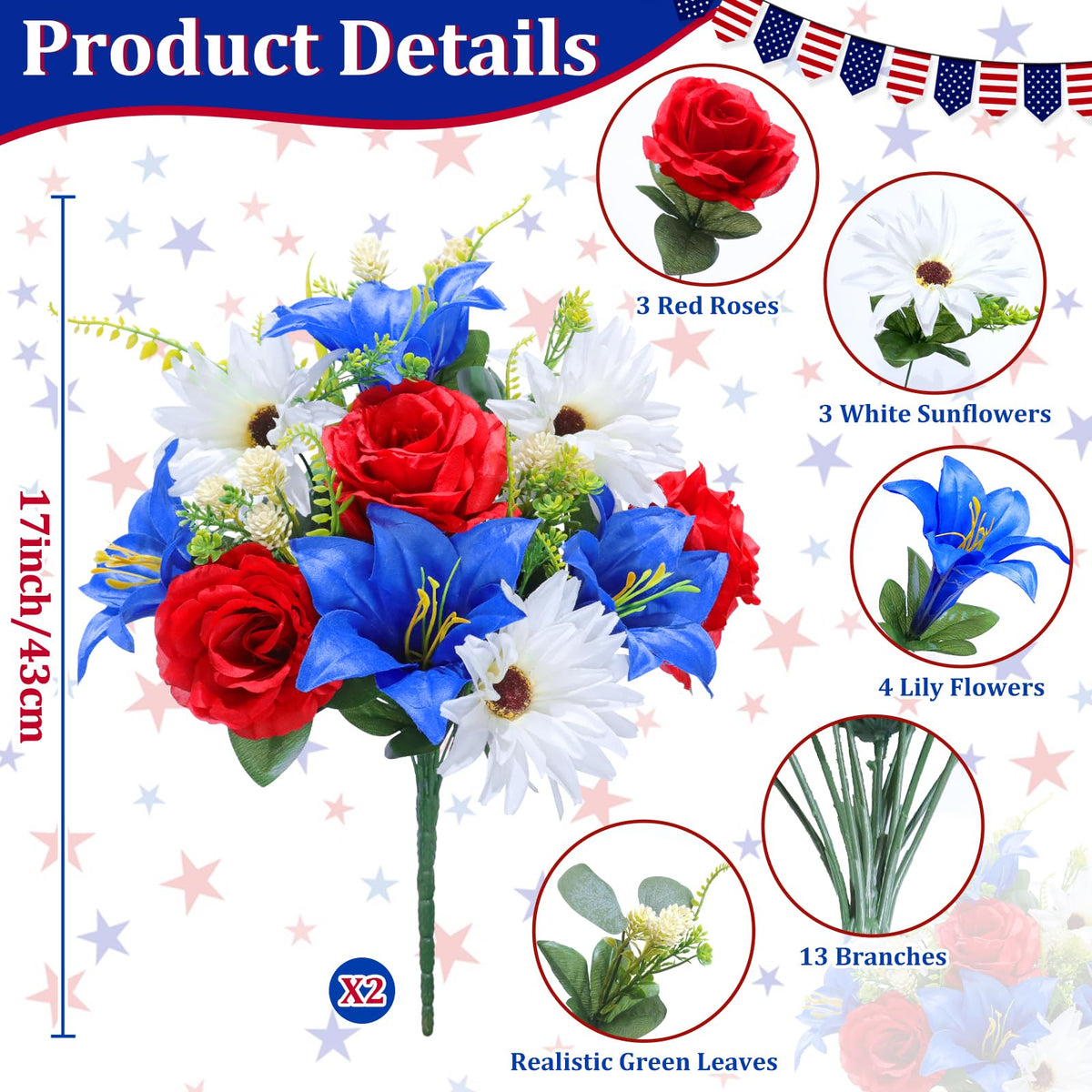 Turnmeon red roses, white sunflowers, blue lilies close-up for lifelike memorial accents.