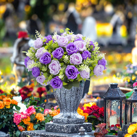 Turnmeon cemetery decor purple rose bouquets for respectful grave displays.