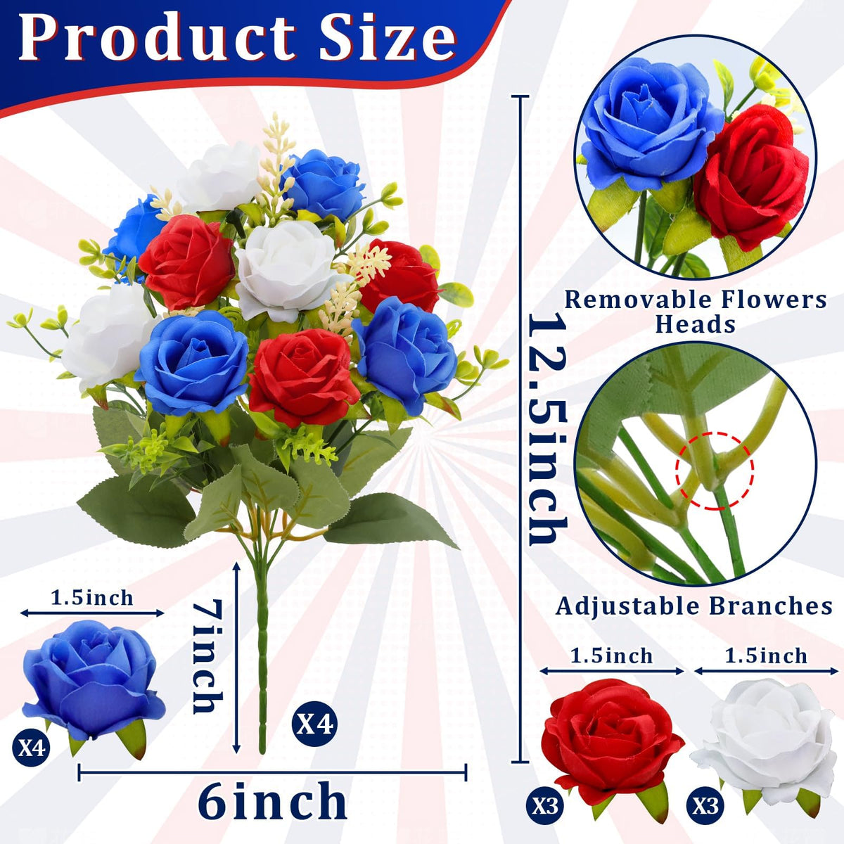 TURNMEON silk roses red-white-blue offer patriotic color for cemetery and home decor.