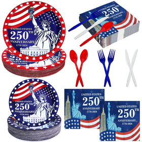 TURNMEON USA flag dinner plates for 50 guests with sturdy, disposable design
