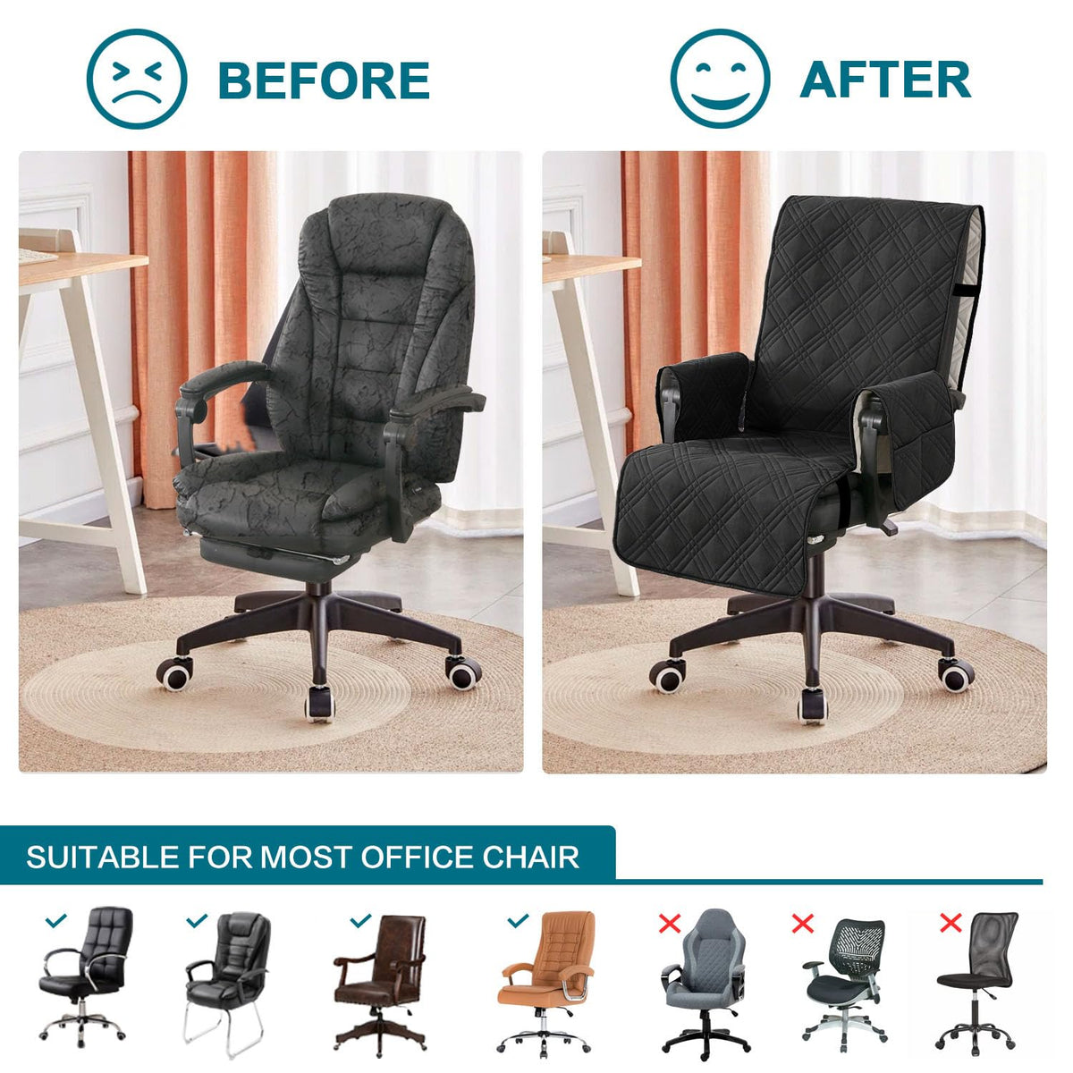 Turquoize adjustable sizing illustration demonstrates fit across backrest and seat dimensions.