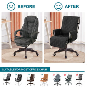 Turquoize adjustable sizing illustration demonstrates fit across backrest and seat dimensions.