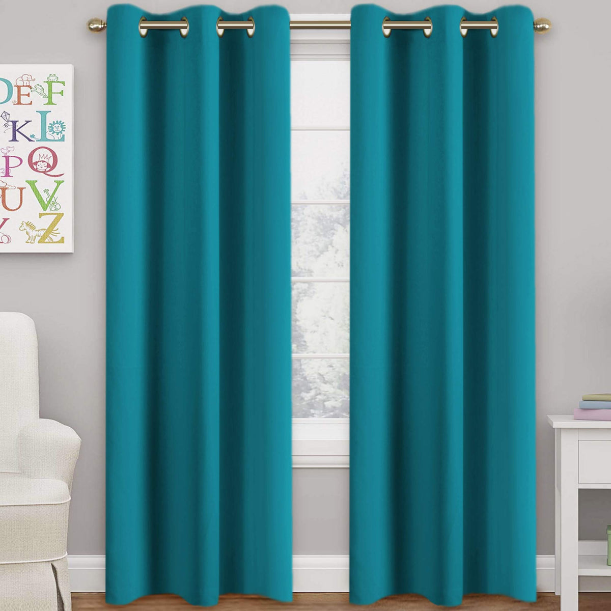 Turquoize teal blackout curtains full view showing modern room-darkening design