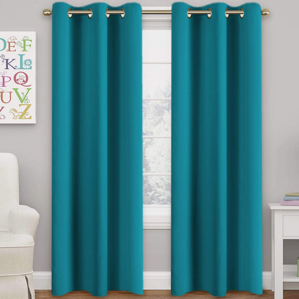 Turquoize teal blackout curtains full view showing modern room-darkening design