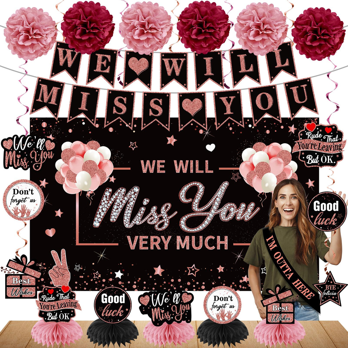 Turypaty We Will Miss You banner in rose gold for a classy retirement farewell.