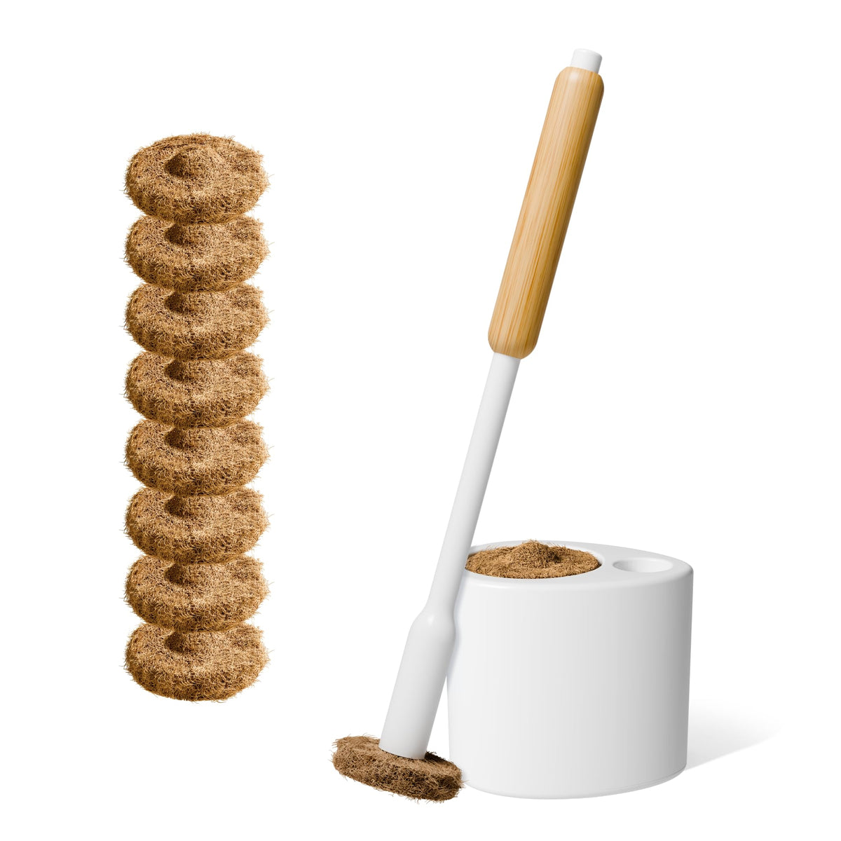 TUSHY Toilet Brush 2.0 with bamboo handle and steel stem for durable, chemical-free cleaning.