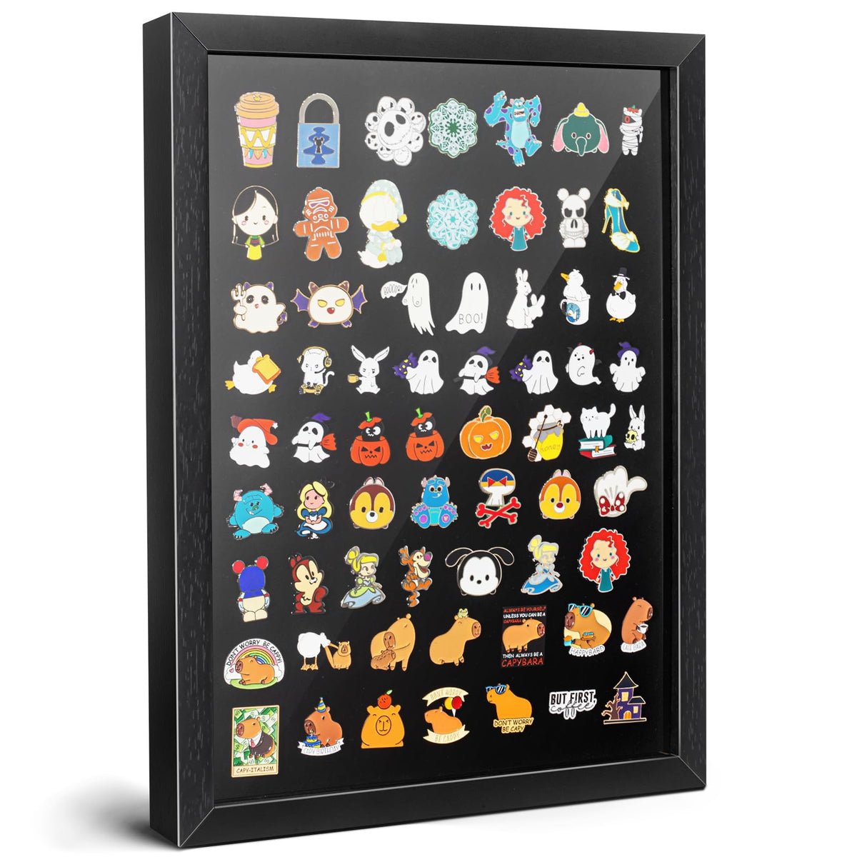 tutata 12x16 pin display case on wall showcasing enamel pins neatly