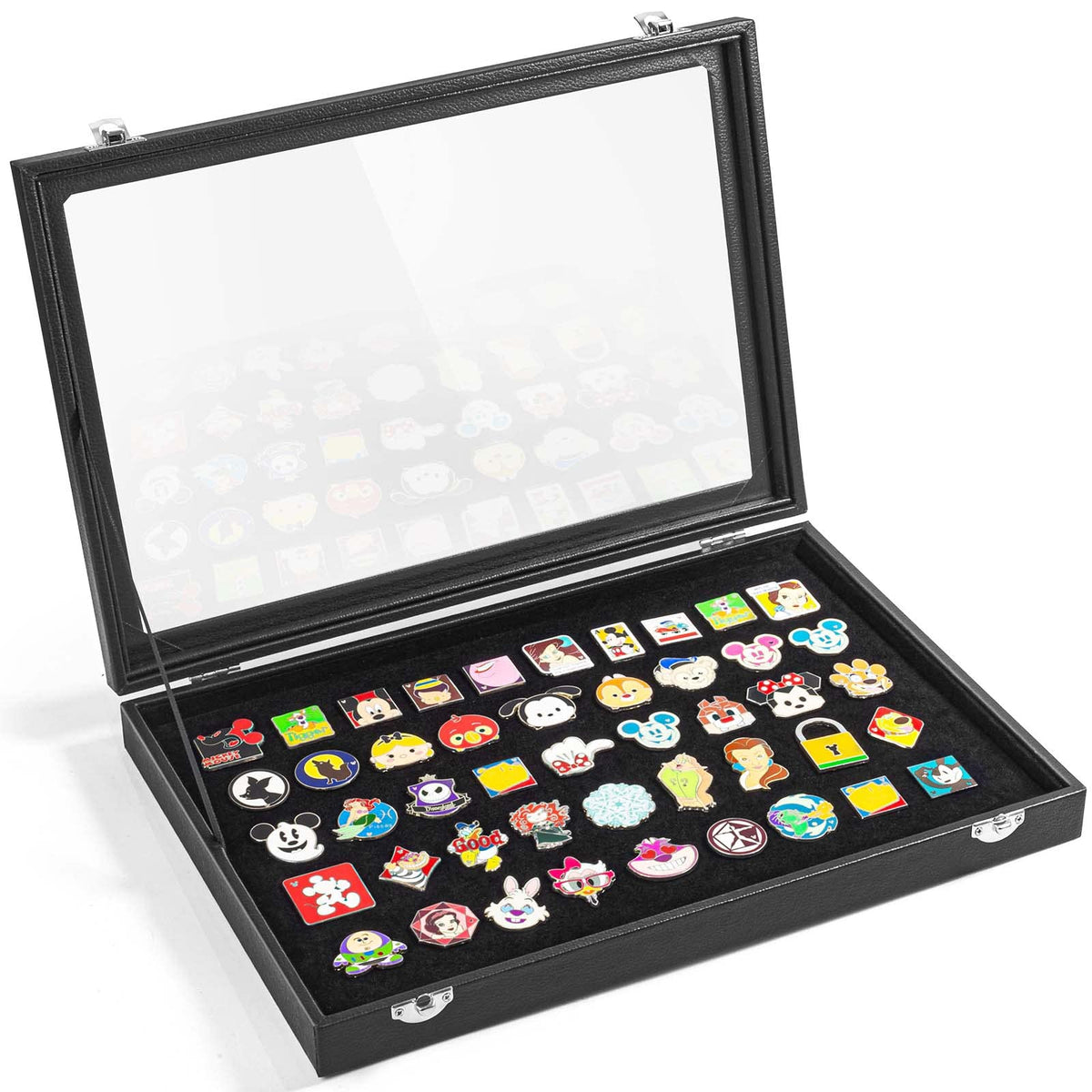 Tutata enamel pin display case front view highlighting organized pin layout.
