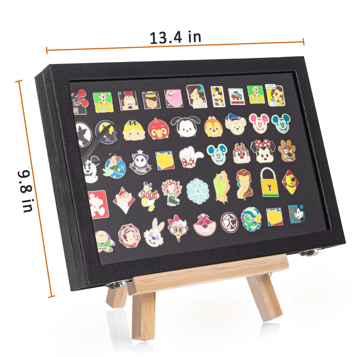 Tutata shadow box frame with glass top showcasing pin collection.