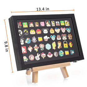 Tutata shadow box frame with glass top showcasing pin collection.