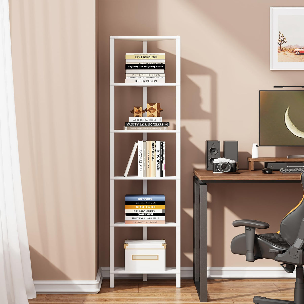 TUTOTAK 6-tier corner shelf in white, ready for simple assembly and space-saving storage.