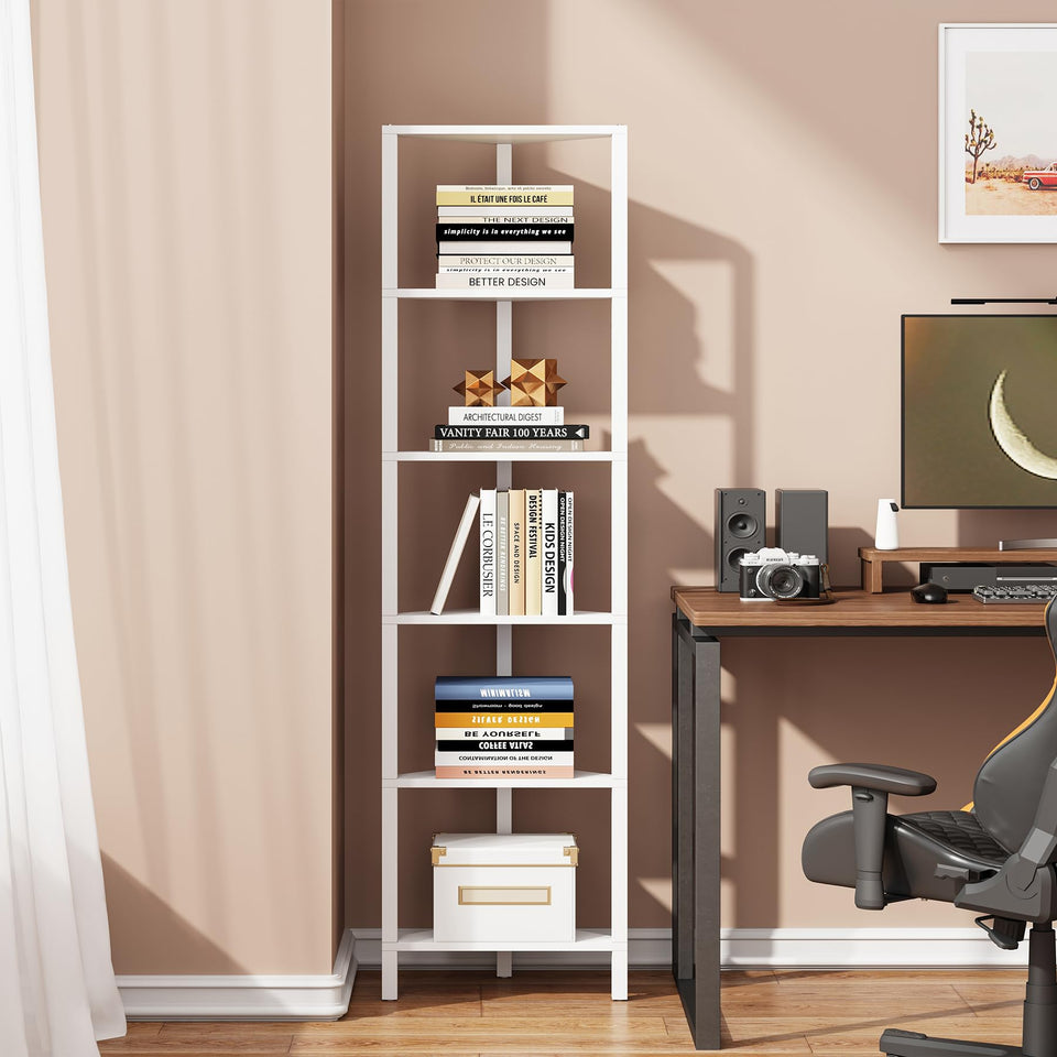 TUTOTAK 6-tier corner shelf in white, ready for simple assembly and space-saving storage.