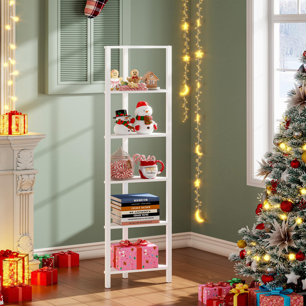 TUTOTAK 6-tier corner shelf fits neatly into a wall corner for extra storage.