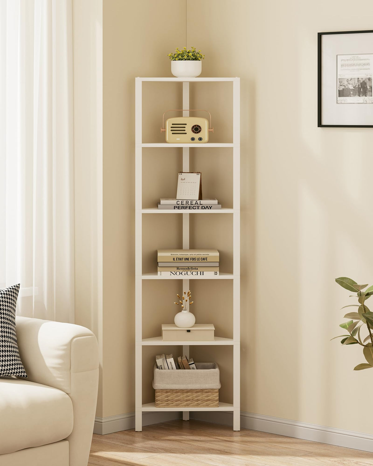 TUTOTAK corner shelf features adjustable feet to protect floors on uneven surfaces.