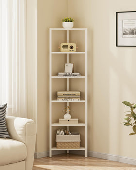 TUTOTAK corner shelf features adjustable feet to protect floors on uneven surfaces.
