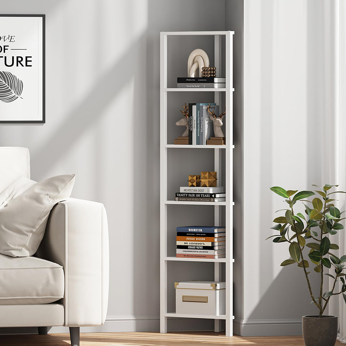 TUTOTAK display shelf arranged in a living room setup with decorative items.