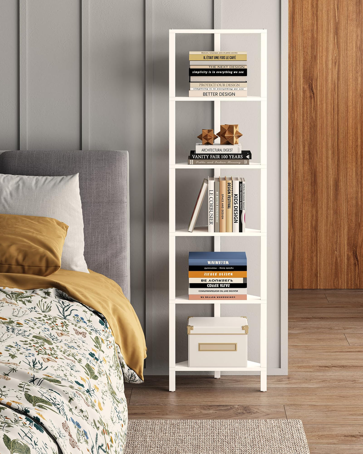 TUTOTAK 6-tier corner shelf with multiple shelves for books and decor.