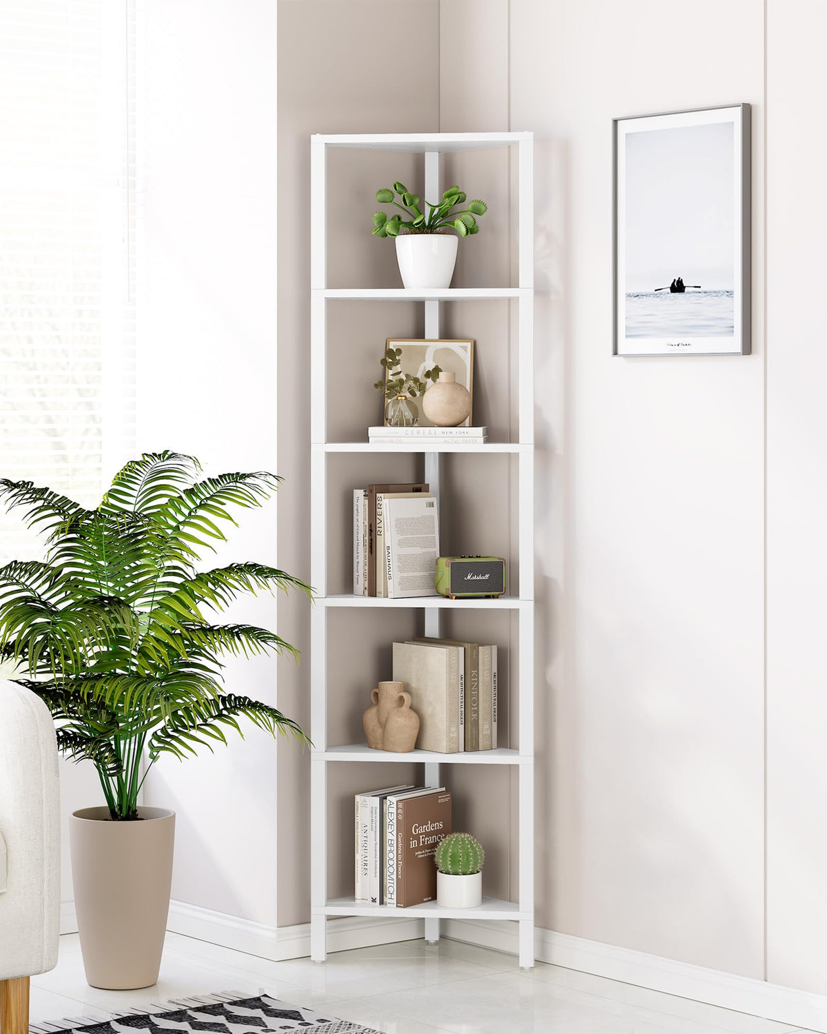 TUTOTAK white finish shelf complements living rooms, bedrooms, and small apartments.
