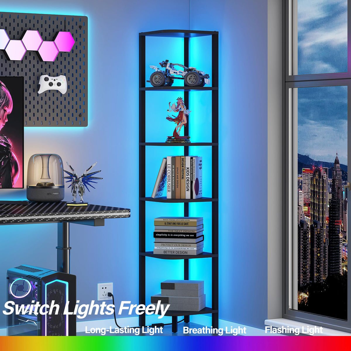 TUTOTAK 6-tier corner bookshelf fits small spaces for storage.