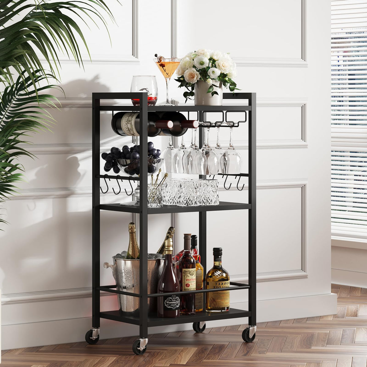 TUTOTAK bar cart with three-tier shelves for organized entertaining at home.