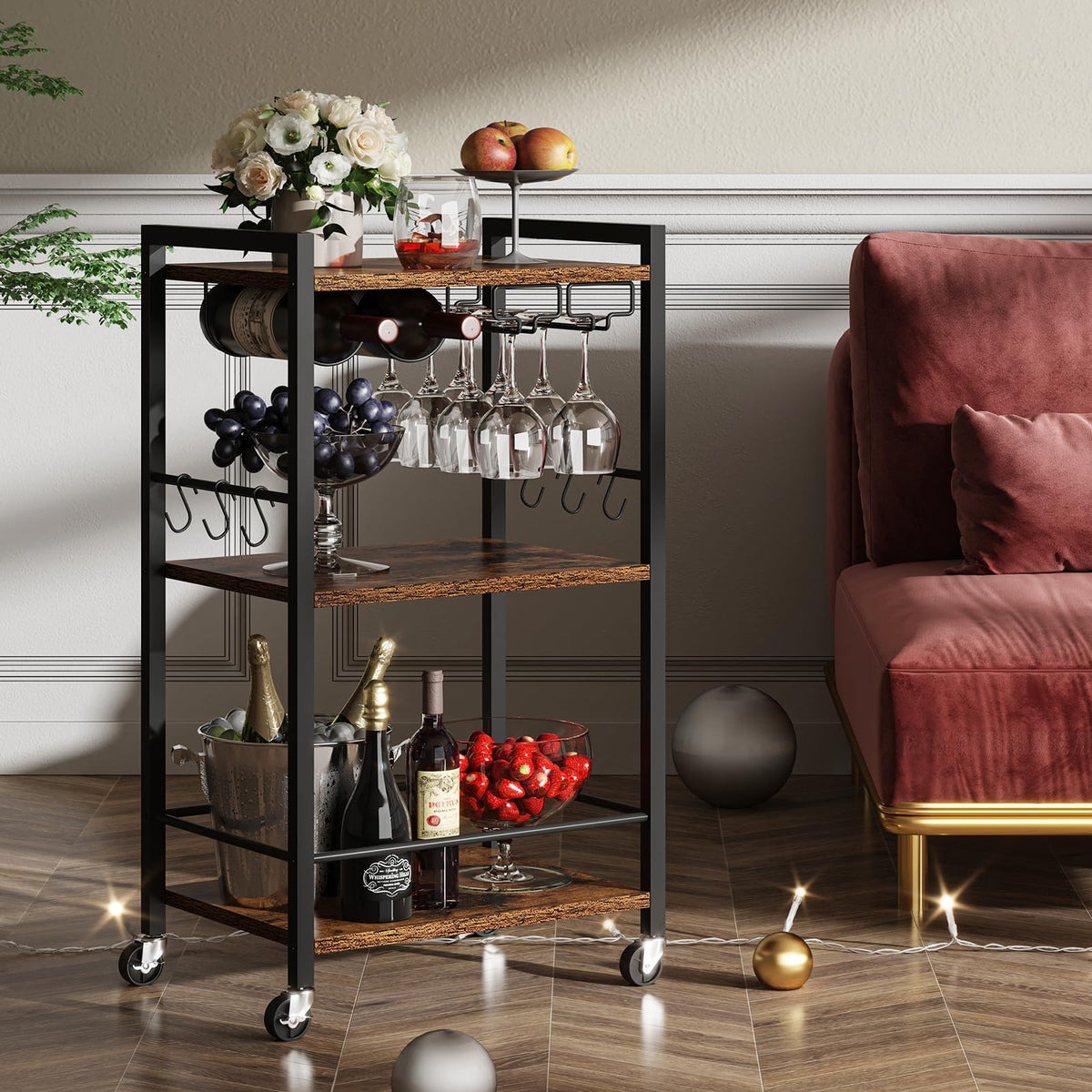TUTOTAK bar cart handle and six S-hooks provide convenient utensil storage.