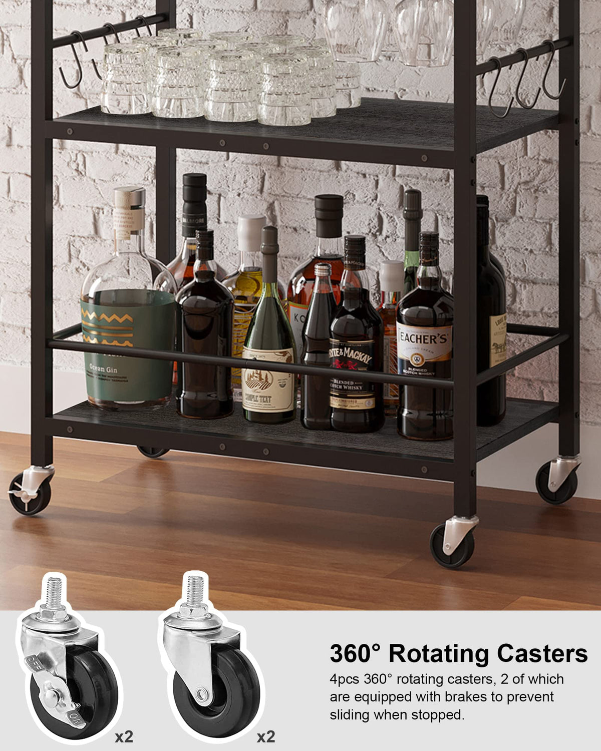 TUTOTAK Bar Cart BC01BK030 handle and hooks keep utensils within reach.