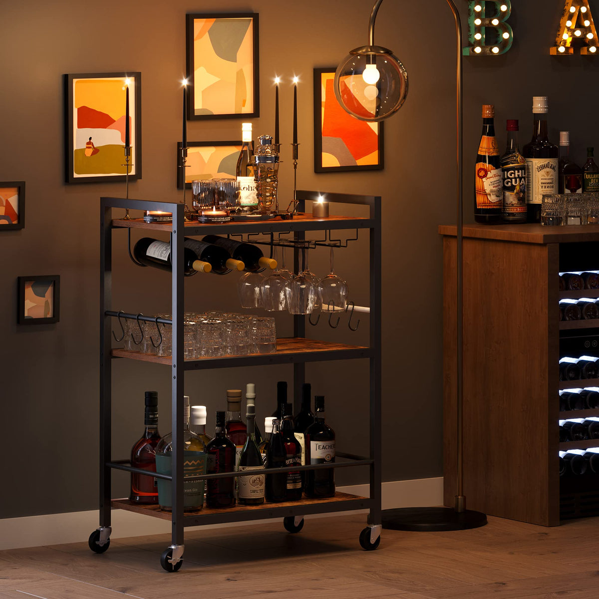 TUTOTAK bar cart with handle and hooks for hanging mugs and utensils