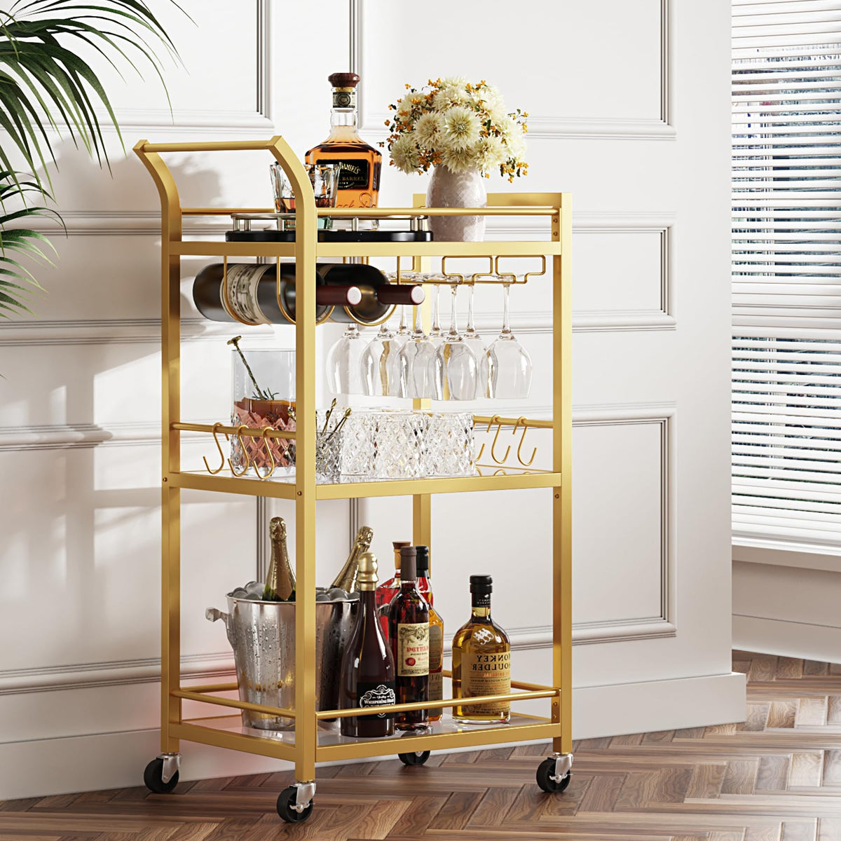 TUTOTAK bar cart with mirrored shelves adds sparkle to home entertaining