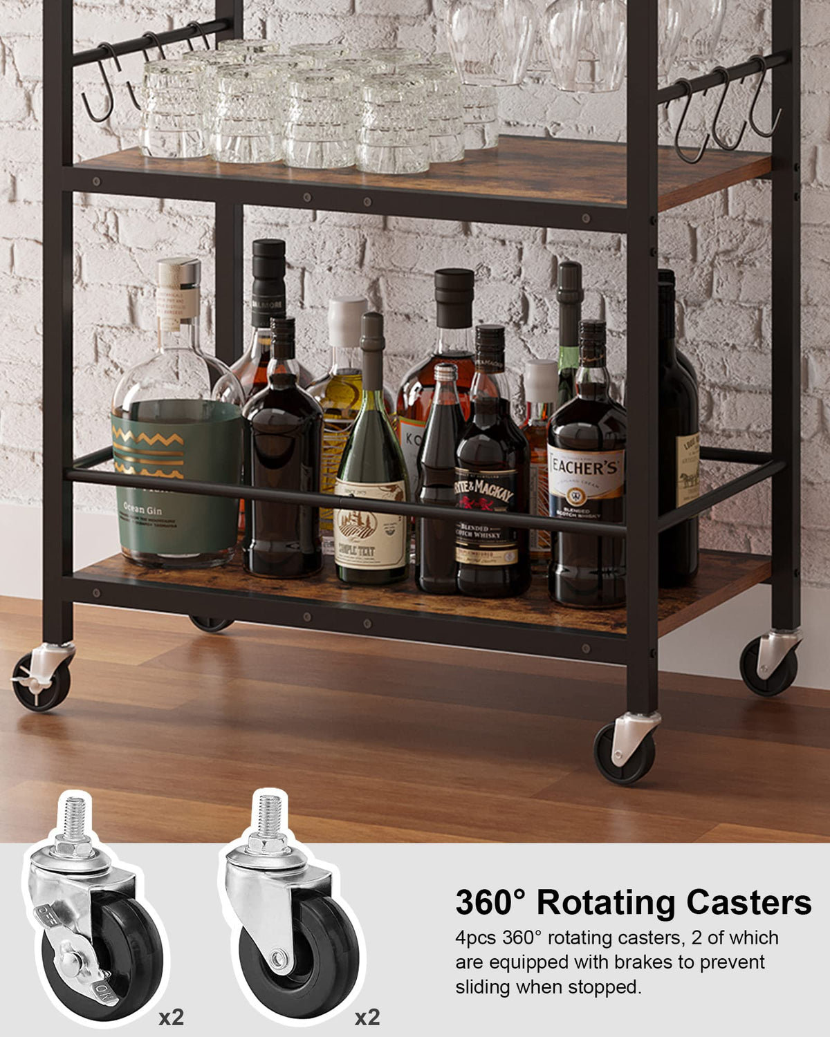 TUTOTAK bar cart bottom shelf protects items with a fence to prevent tipping