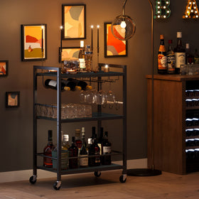 TUTOTAK Bar Cart BC01BK030 rolling casters enable easy relocation around the kitchen.