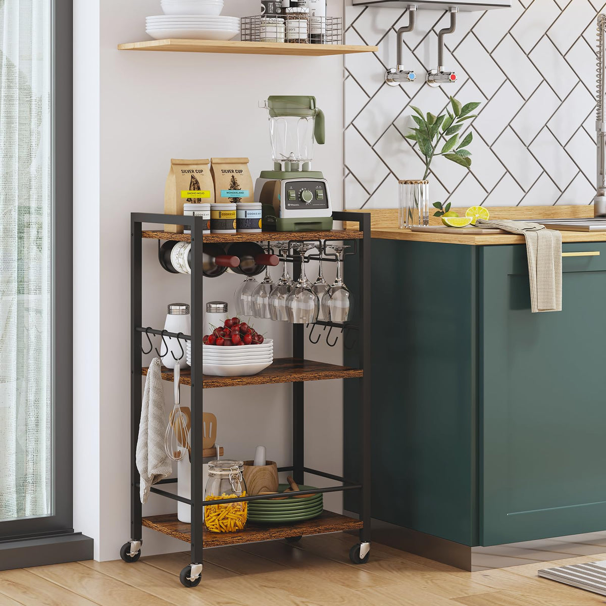 TUTOTAK bar cart three shelves maximize space for drinks and snacks.
