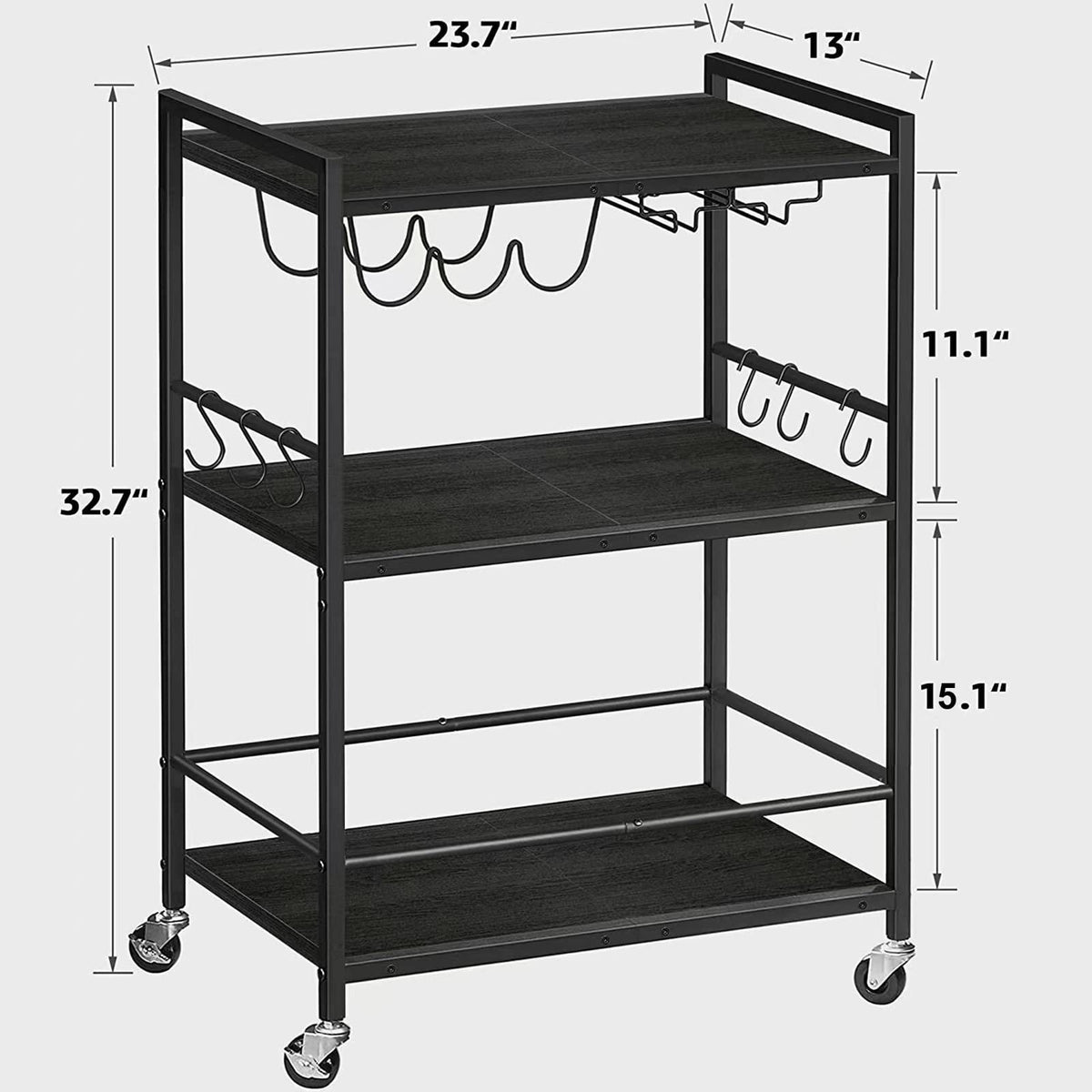 TUTOTAK Bar Cart BC01BK030 three shelves provide organized display space.